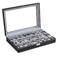 SONGMICS Watch Box, 24-Slot Watch Case, Lockable Watch Storage Box with Glass Lid, Gift Idea, Black Synthetic Leather, Gray Lining UJWB024