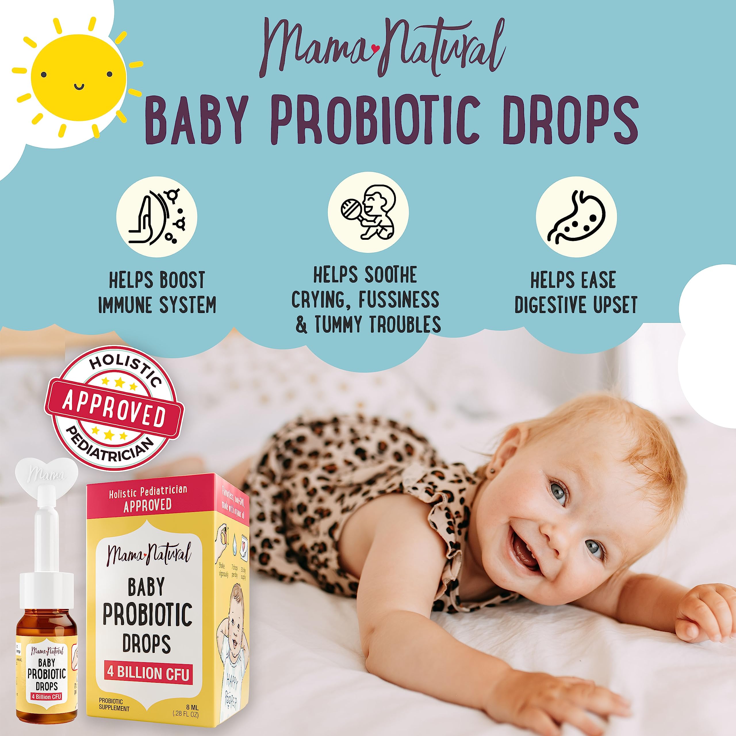 Mama Natural Baby Probiotic Drops (0.28 Fl Oz) | 4 Billion CFU Pediatrician-Tested Infant Probiotic Helps with Colic Relief for Newborns & Constipation Ease for Infants - Unflavored Baby Gas Drops