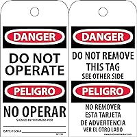 NMC RPT90 DANGER - DO NOT OPERATE Tag - [Pack of 25] 3 in. x 6 in. Bilingual Vinyl Danger Tag with White/Black Text on Red/White Base