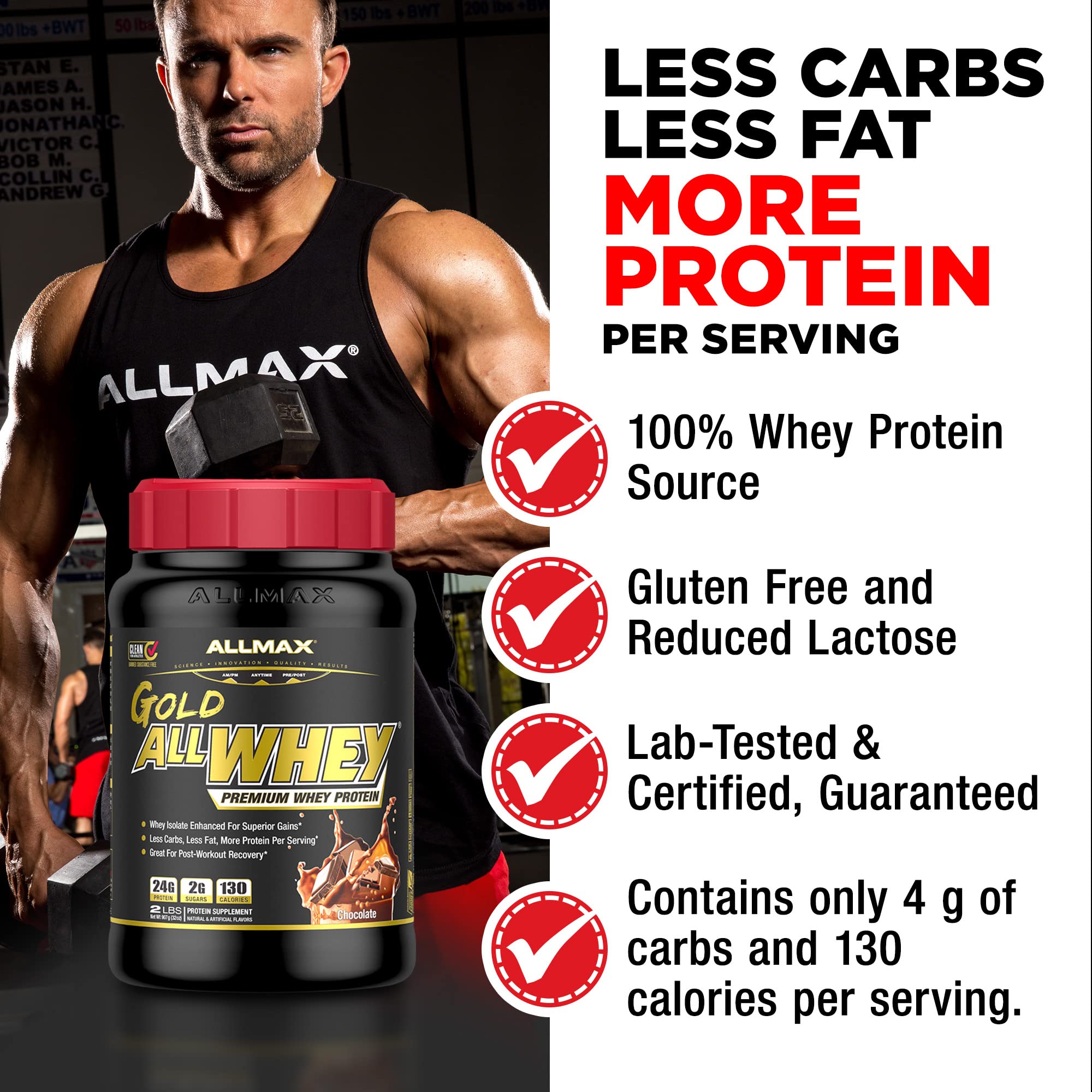 ALLMAX Gold ALLWHEY, Vanilla - 2 lb - 24 Grams of Protein Per Scoop - Gluten Free, Low Carb & Low Sugar - Approx. 30 Servings