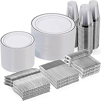 600 Piece Disposable Silver Plates for 100 Guests, Plastic Dinnerware Set of 100 Dinner Plates, 100 Salad Plates, 100 Spoons, 100 Forks, 100 Knives, 100 Cups, Plastic Plates for Party