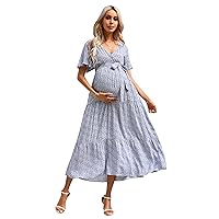 Maternity Dress Women's V-Neck Puff Sleeve Pleated Maternity Maxi Dress for Baby Shower or Casual Wear
