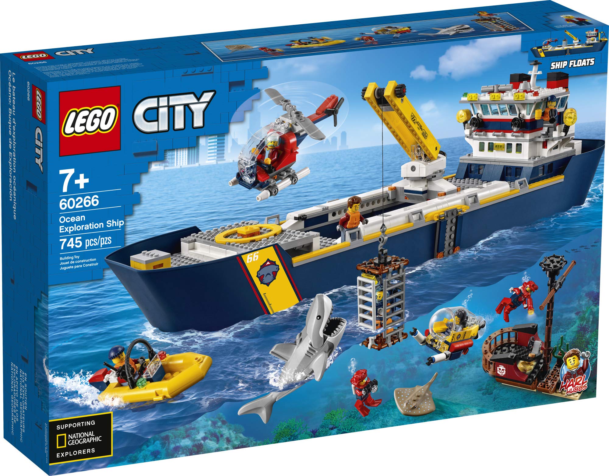LEGO City Ocean Exploration Ship 60266, Toy Exploration Vessel, Mini Helicopter, Submarine, Shipwreck with Treasure, Lifeboat, Stingray, Shark, Plus 8 Minifigures (745 Pieces)