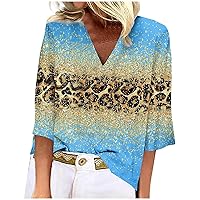 Women V Neck Tops Summer 3/4 Sleeve Leopard Print T-Shirts Dressy Casual Blouses Loose Comfy Tunic Tees 2024 Trendy