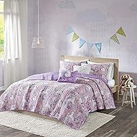 Reversible Cotton Quilt Set - Vibrant Fun, Playful Print, All Season Children Bedding Coverlet Bedspread, Decorative Pillow, Bedroom Décor, Full/Queen, Unicorn Pink 5 Piece