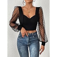 Women's Tops Shirts Sexy Tops for Women Contrast Dobby Mesh Lantern Sleeve Sweetheart Neck Crop Top Shirts for Women (Color : Black, Size : X-Small)