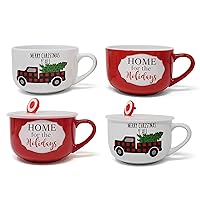 Kovot 24oz Ceramic Christmas Themed Bowl Set with Lid & Handle – Use for Ramen, Soup, Cereal, & as a Coffee Mug – Take Your Food To Go with Airtight Silicone Lid and Steam Vent (4-Pack – Red & White)