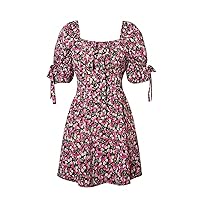 Women's Dress Cherry Print Puff Sleeve Dress for Women | Square Neck, A Line, Short Sleeve, High Waist, Flared Hem
