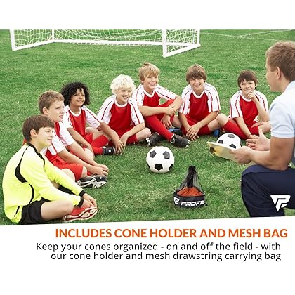 Pro Disc Cones (Set of 50) - Agility Soccer Cones with Carry Bag and Holder for Sports Training, Football, Basketball, Coaching, Practice Equipment, Kids - Includes 15 Best Cone Drills Book