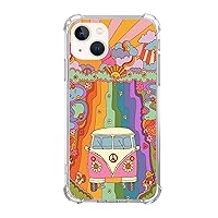 Retro 70s Flowers Rainbow Sunrays Phone Case Compatible with iPhone 14, Hippie Peace Sign Bus Cover for Teens Men Women, Trendy Cool TPU Bumper Case Cover for iPhone 14