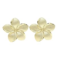 14K solid yellow gold Hawaiian 20mm diamond cut plumeria flower stud earrings