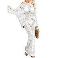 Famulily Womens 2 Piece Crochet Outfits Sexy Hollow Out Cover Up Sets Long Sleeve Tops and Drawstring Long Pants Matching Set