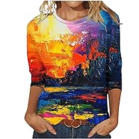 3/4 Sleeve Shirts for Women Summer Heart Shaped Tie Dye Print T Shirt Tops Three Quarter Sleeve Roundneck Loose Blouse