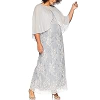 Ignite Women's Plus Size Sleeveless Embroidered Gown Dress with Capelet, Silver, 18W