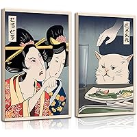 2Pcs Framed Cute Funny Japanese Cat Wall Art Woman Yelling at Cat Posters Prints Vintage Japanese Canvas Paintings japanese Wall Decor Pictures Living Room Dining Room Kitchen Decoration Hang