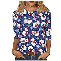 Women's Christmas Shirts Floral Print Three Quarter Sleeve Button Collar Top T-Shirt Bottom Casual, S-2XL
