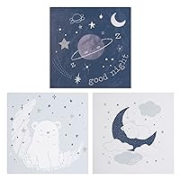 Sammy & Lou Bearly Dreaming Canvas Wall Art 3 Pack- Bears and Planets Printed on white, navy, light blue Backgrounds; White, Gray, navy, light blue; 11 in x 11 in each