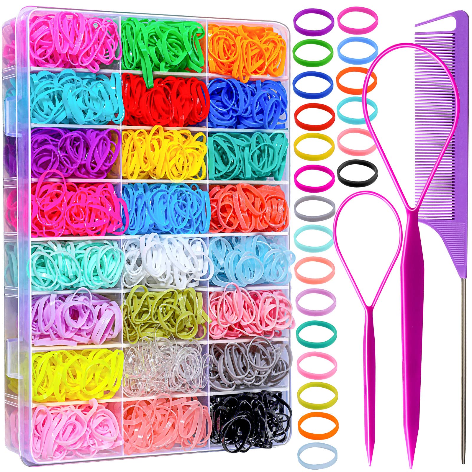 Elastic Hair Bands 24 Colors, YGDZ 1500 pcs Mini Hair Rubber Bands with Organizer Box, Soft Small Girl Hair Ties, Colorful Baby Rubber Bands Set with Hair Tail Tools, Rat Tail Comb for Kid Toddlers