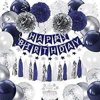 Birthday Decorations Men Blue | Navy Blue White Silver Party Decorations | Navy Blue and Silver Balloons with Happy Birthday Banner, Tissue Pompoms, Hanging Swirl Streamer, Tassels Garland