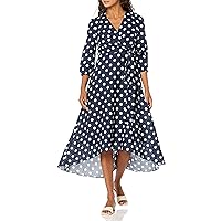 Women's 3/4 Sleeve V-Neck Faux Wrap Polka Dot High-Low Cotton Voile Dress with Waist Tie