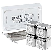 Whiskey Stones Gifts Set with Initial for Men & Women, 4pcs Stainless Steel Whiskey Rocks with Pouch and Tong, Chilling Ice Cubes Initial Gifts for Whiskey Lovers, Dad, Mom, Grandpa, Uncle - M