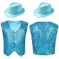 Kids Boys Sequin Dance Waistcoat with Hat Set for Jazz Hip Hop Dance Performance Costume Dancewear Fancy Party Outfits Light Blue 5-6 Years