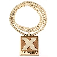 Malcolm X Wood Pendant with 36 Inch Long Bead Necklace Maple Color