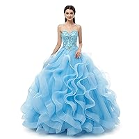 Women's Beaded Ruffles Ball Gown Puffy Quinceanera Dresses Prom Gown