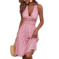 HUHOT Women's Summer Sundress Sleeveless Halter Neck Spring Boho Floral with Pocket Elastic Waist Ruffle Mini Dresses 2024