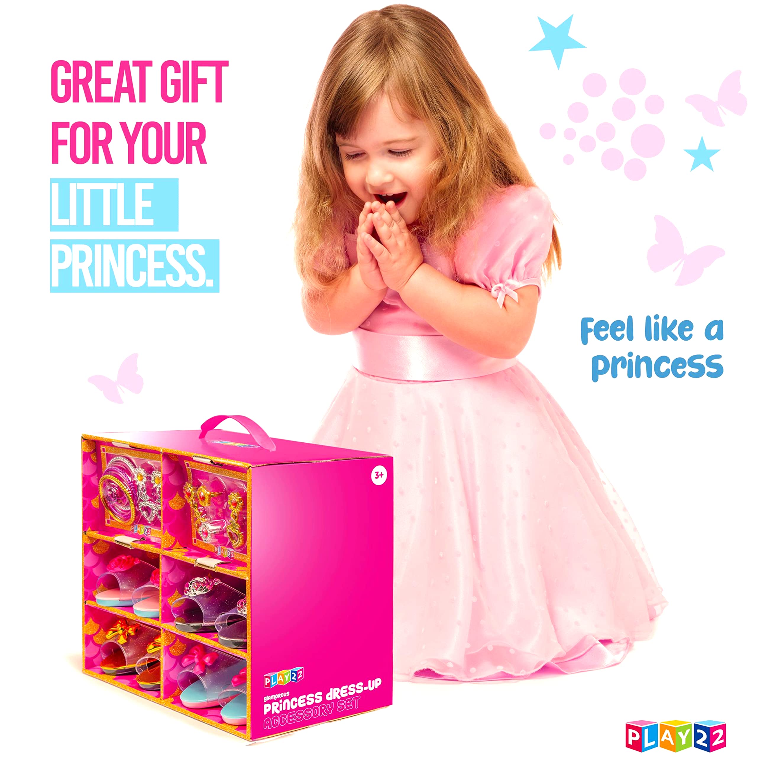 Play22 Princess Dress Up Shoes - 18pc Princess Toys for Little Girls - Toddler Dress Up Jewelry Toy Heels - 4 5 Year Old Girl Birthday Gifts – 4 Pairs of Shoes 2 Earrings 3 Bracelets and 3 Rings.