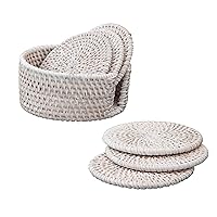 Artera Handmade Natural Rattan Coasters - Round Straw Woven Trivet for Teacup, Wicker Heat Resistant Plate Pad for Hot Pots and Pans, Non-Slip 6 Piece Coaster Set with Holder (White) (Whitewash)