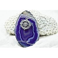 Custom Handmade Agate Slice Ornament with Silver Compass Charm - Choose Your Agate Slice Color: - Aqua, Pink, Purple, Blue, or Natural