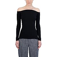 BCBGMAXAZRIA Women's Fitted Ribbed Sweater Off The Shoulder Long Sleeve Sculpted Neck Top