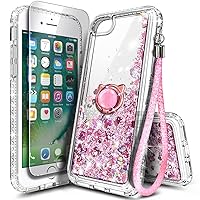NGB Compatible with iPhone SE 3 2022/iPhone SE 2020 Case, iPhone 6 6S 7 8 Case with HD Screen Protector, Ring Holder, Girls Women Kids Liquid Bling Sparkle Glitter TPU Cute Case (Rose Gold)