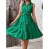 Dresses for Women Women's Dress Half Button Ruffle Hem Belted Shirt Dress Dresses (Color : Green, Size : Small)
