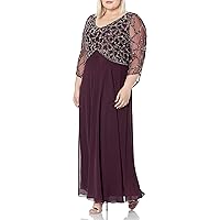 J Kara Women's Plus Size 3/4 Sleeve V-Neck Geometrical Beaded Long Dress