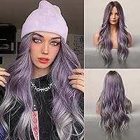 MORICA Ombre Purple Wigs for Women Long Wavy Wig Synthetic Wigs Heat Resistant Fiber Dark Brown Roots Middle Part 26 Inch