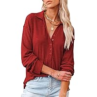Women Solid color Large size Waffle Knit Long Sleeve Tunics Tops V Neck Loose Blouses Long-sleeved Shirts