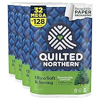 Ultra Soft & Strong Toilet Paper, 32 Mega Rolls = 128 Regular Rolls, 5X Stronger*, Premium Soft Toilet Tissue with Recyclable Paper Packaging