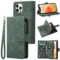 RANYOK Wallet Case Compatible with iPhone 13 Pro (6.1 inch), Premium PU Leather Zipper Folio Wallet RFID Blocking with Wrist Strap Magnetic Closure Built-in Kickstand Protective Case (Black Green)