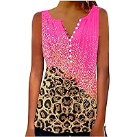 Women Chinese Button V Neck Pullover Summer Leopard Tunic Tank Tops Trendy Pleated Print Casual Sleeveless T-Shirts