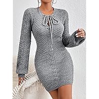 TLULY Sweater Dress for Women Grommet Eyelet Lace Up Front Sweater Dress Sweater Dress for Women (Color : Gray, Size : Large)