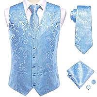 Men's 4pc Waistcoat Vest Necktie Pocket Square Cufflinks Set For Suit or Tuxedo More Color for Choose