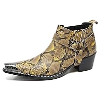 Men's Genuine Leather Metal Toe Chelsea Boots Casual Novelty Fashion Comfort Exquisite Snake Skin Texture Buckle Chain Strap Ankle Party Boots