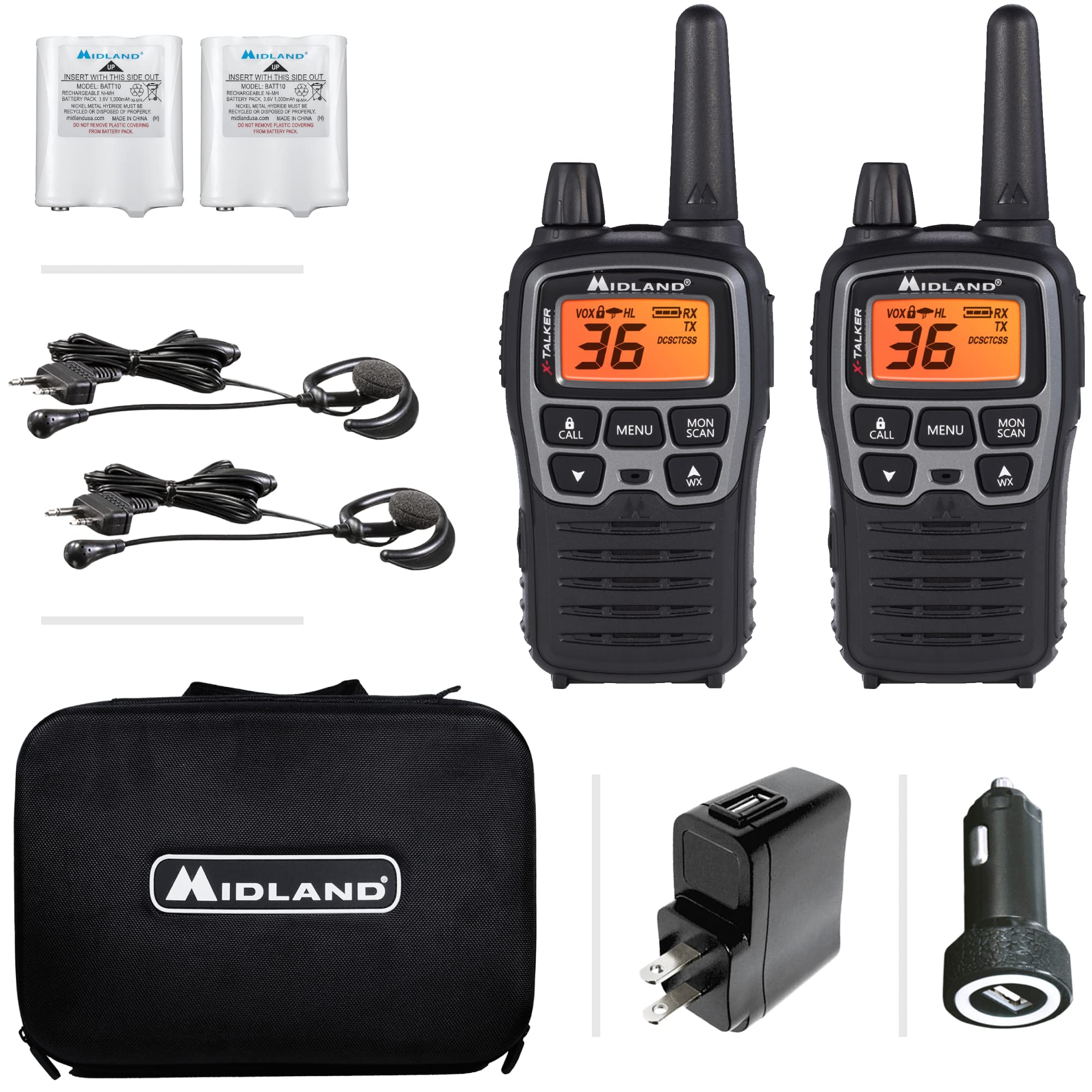 Midland T77VP5 X-TALKER Long Range Walkie-Talkie FRS Two-Way Radio for Camping Overlanding NOAA Weather Scan + Alert, 121 Privacy Codes - Includes Carrying Case & Headset Black/Silver, 2 Radio Bundle