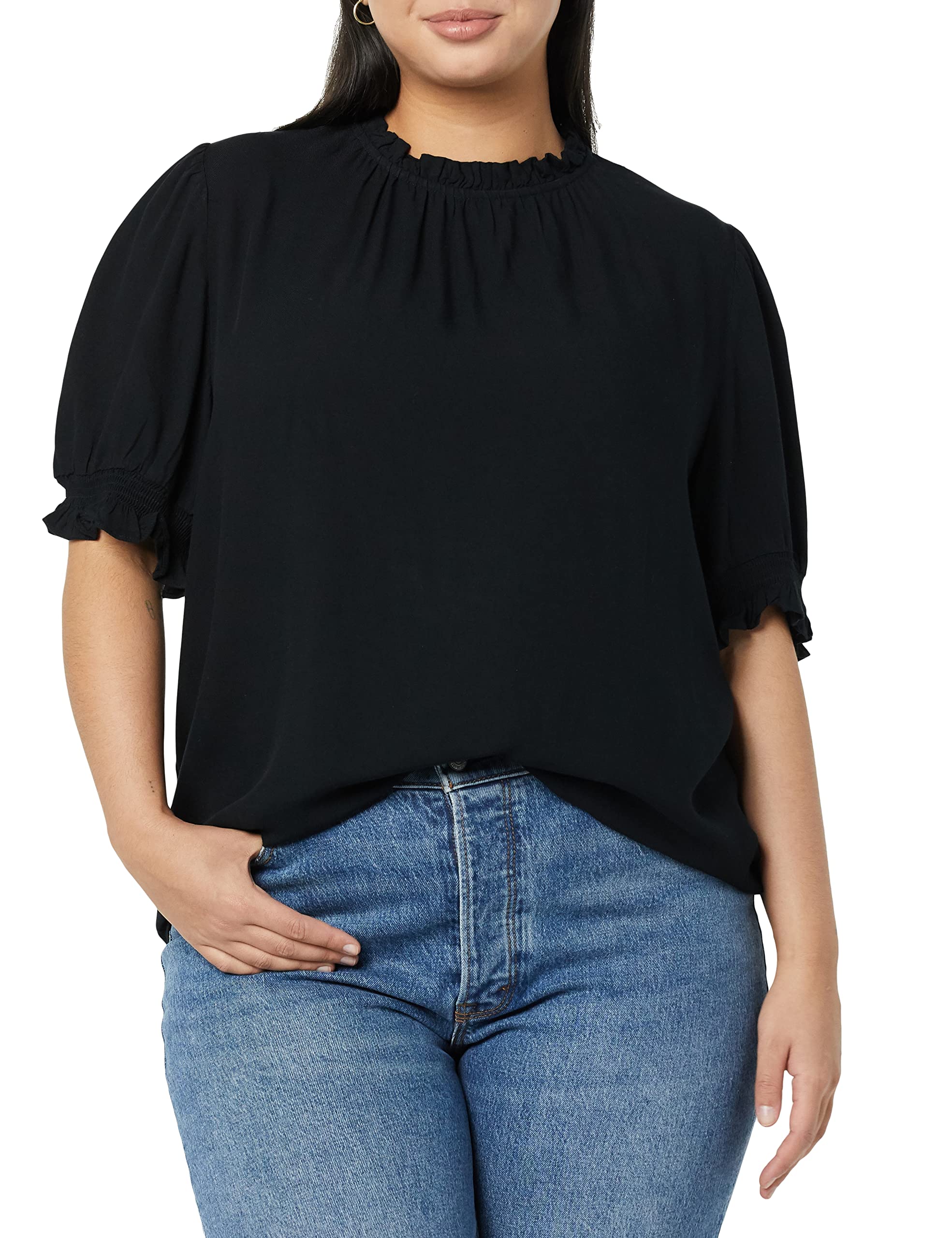 Amazon Essentials Women's Fluid Twill Short Puff Sleeve Smock Detail Shirt