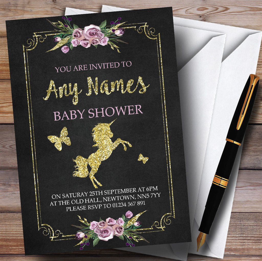 The Card Zoo Chalk & Gold Floral Unicorn Invitations Baby Shower Invitations