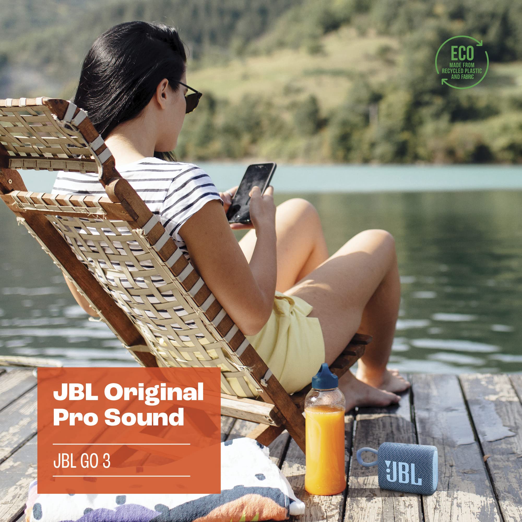 JBL Go 3 Eco: Portable Speaker with Bluetooth, Built-in Battery, Waterproof and Dustproof Feature - Blue