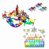 PicassoTiles 128PC Magnetic Race Car Track + 60PC Magnet Tiles, Fun & Creative Playset: STEAM Learning, Enhance Construction Skills, Hand-Eye Coordination and Fine Motor Skills, Gift for Boys & Girls