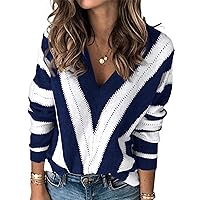 Women's Fashion Long Sleeve Striped Color Block Knitted Sweater Crew Neck Loose Pullover Jumper Tops